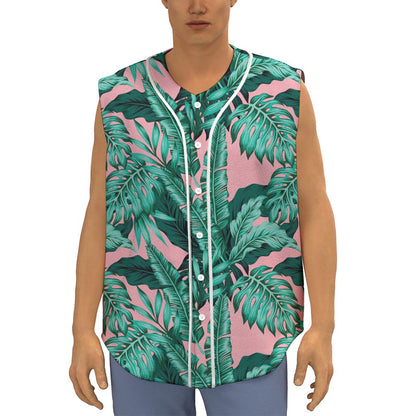 Teal Banana Leaves Pattern Print Sleeveless Baseball Jersey