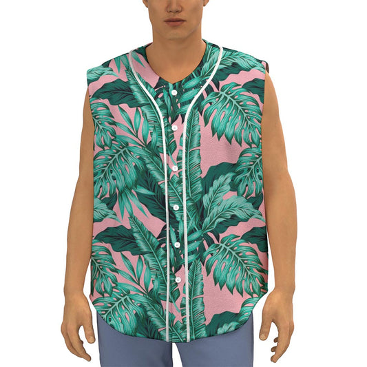 Teal Banana Leaves Pattern Print Sleeveless Baseball Jersey