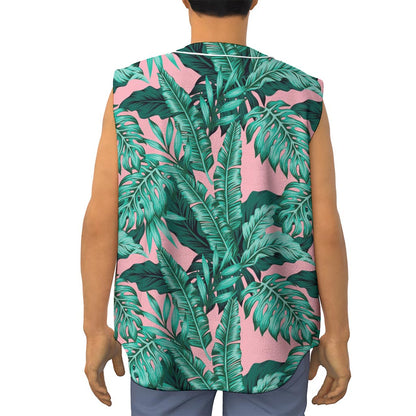 Teal Banana Leaves Pattern Print Sleeveless Baseball Jersey