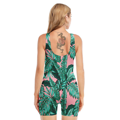 Teal Banana Leaves Pattern Print Sleeveless One Piece Swimsuit