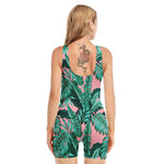 Teal Banana Leaves Pattern Print Sleeveless One Piece Swimsuit
