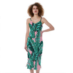 Teal Banana Leaves Pattern Print Slim Fit Midi Cami Dress