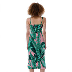Teal Banana Leaves Pattern Print Slim Fit Midi Cami Dress