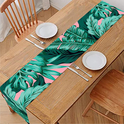 Teal Banana Leaves Pattern Print Table Runner