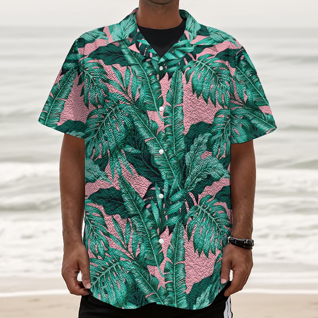 Teal Banana Leaves Pattern Print Textured Short Sleeve Shirt