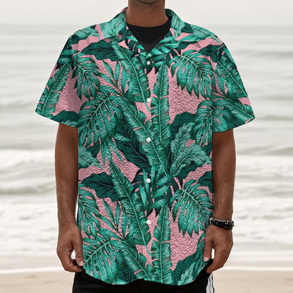 Teal Banana Leaves Pattern Print Textured Short Sleeve Shirt