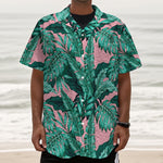 Teal Banana Leaves Pattern Print Textured Short Sleeve Shirt