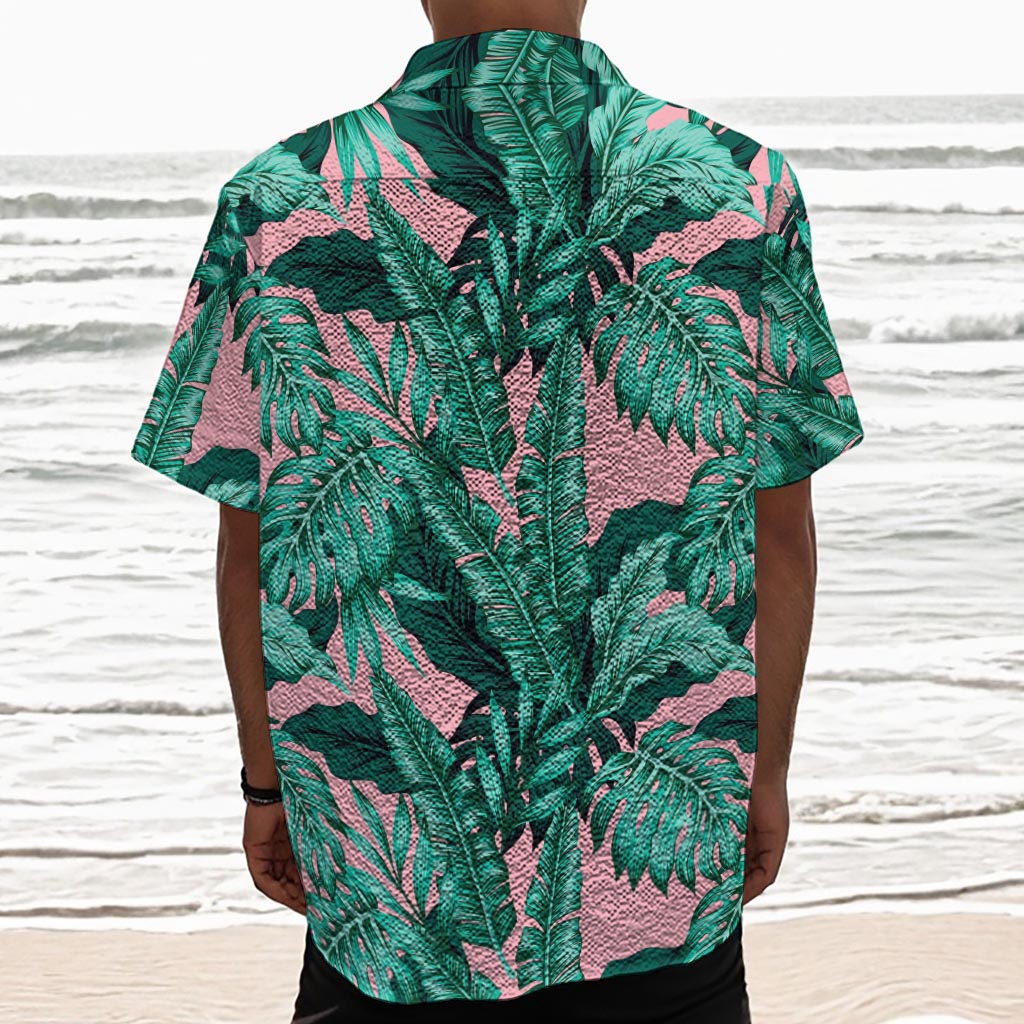 Teal Banana Leaves Pattern Print Textured Short Sleeve Shirt