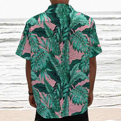 Teal Banana Leaves Pattern Print Textured Short Sleeve Shirt