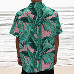Teal Banana Leaves Pattern Print Textured Short Sleeve Shirt