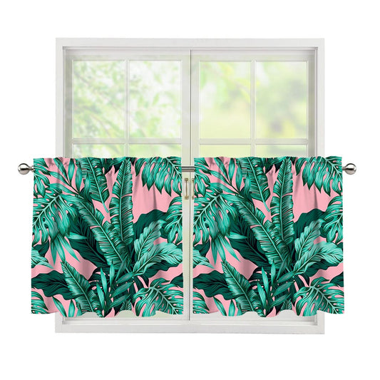 Teal Banana Leaves Pattern Print Tier Curtains