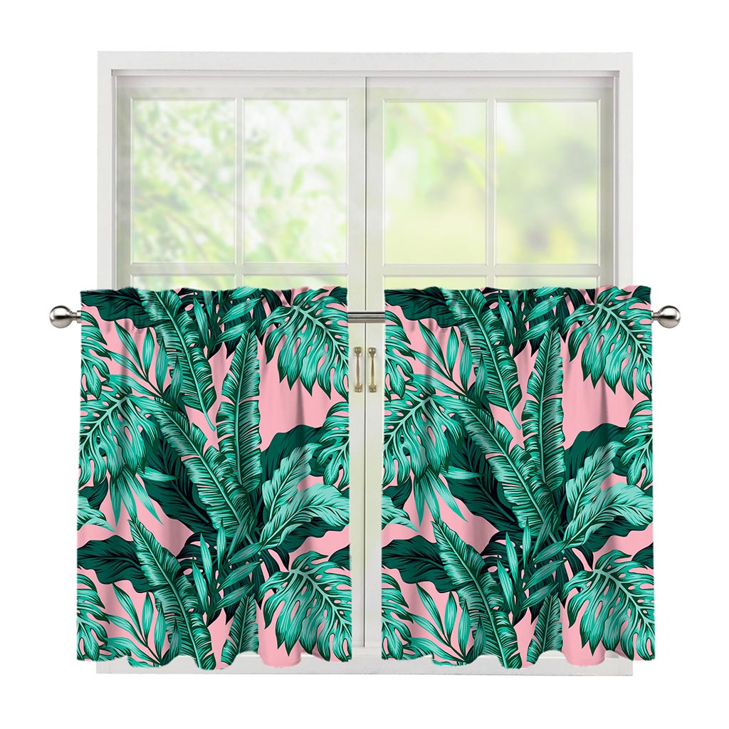Teal Banana Leaves Pattern Print Tier Curtains
