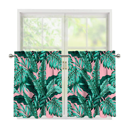 Teal Banana Leaves Pattern Print Tier Curtains
