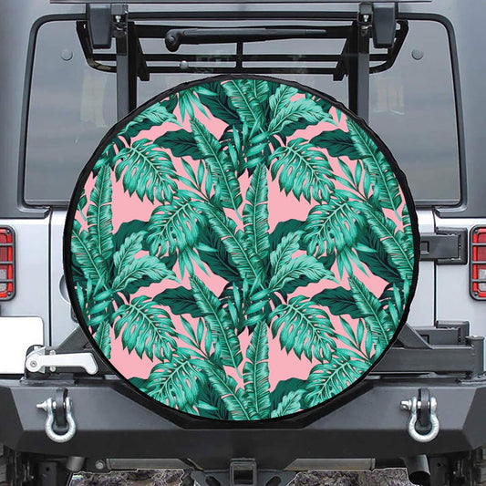Teal Banana Leaves Pattern Print Tire Cover