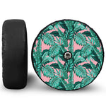 Teal Banana Leaves Pattern Print Tire Cover With Camera Hole