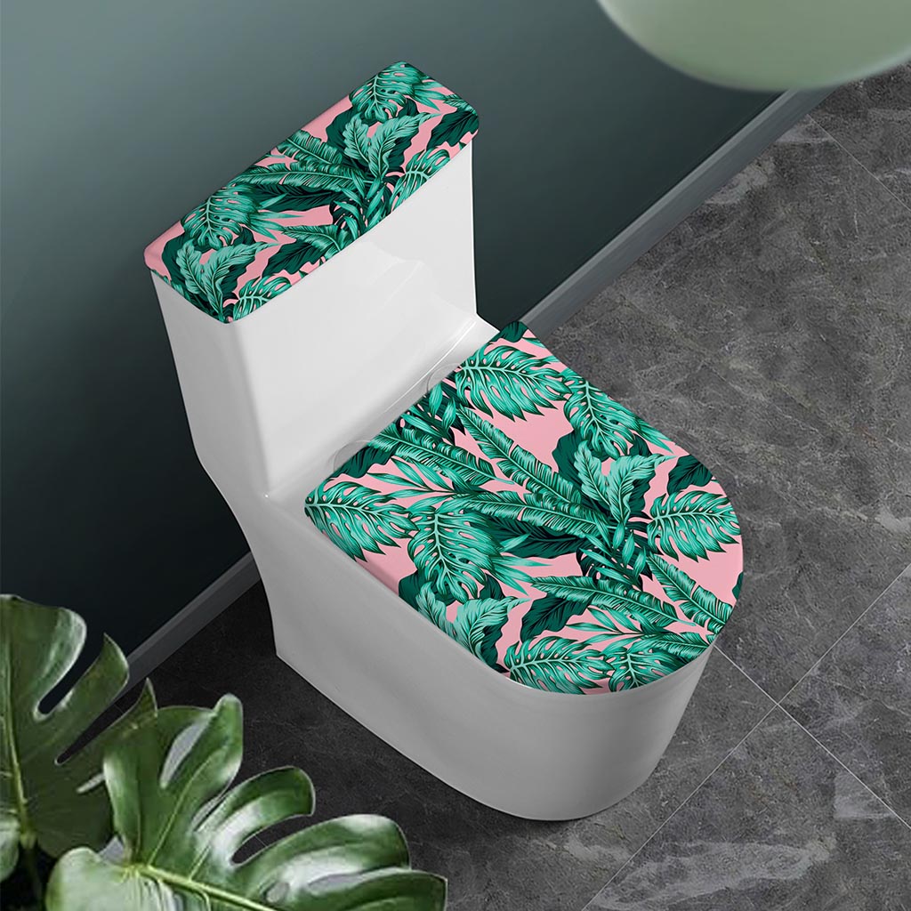 Teal Banana Leaves Pattern Print Toilet Lid And Tank Cover Set