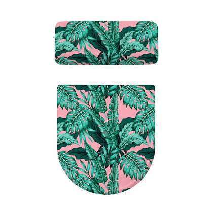 Teal Banana Leaves Pattern Print Toilet Lid And Tank Cover Set