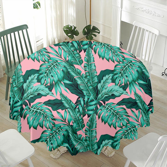 Teal Banana Leaves Pattern Print Waterproof Round Tablecloth