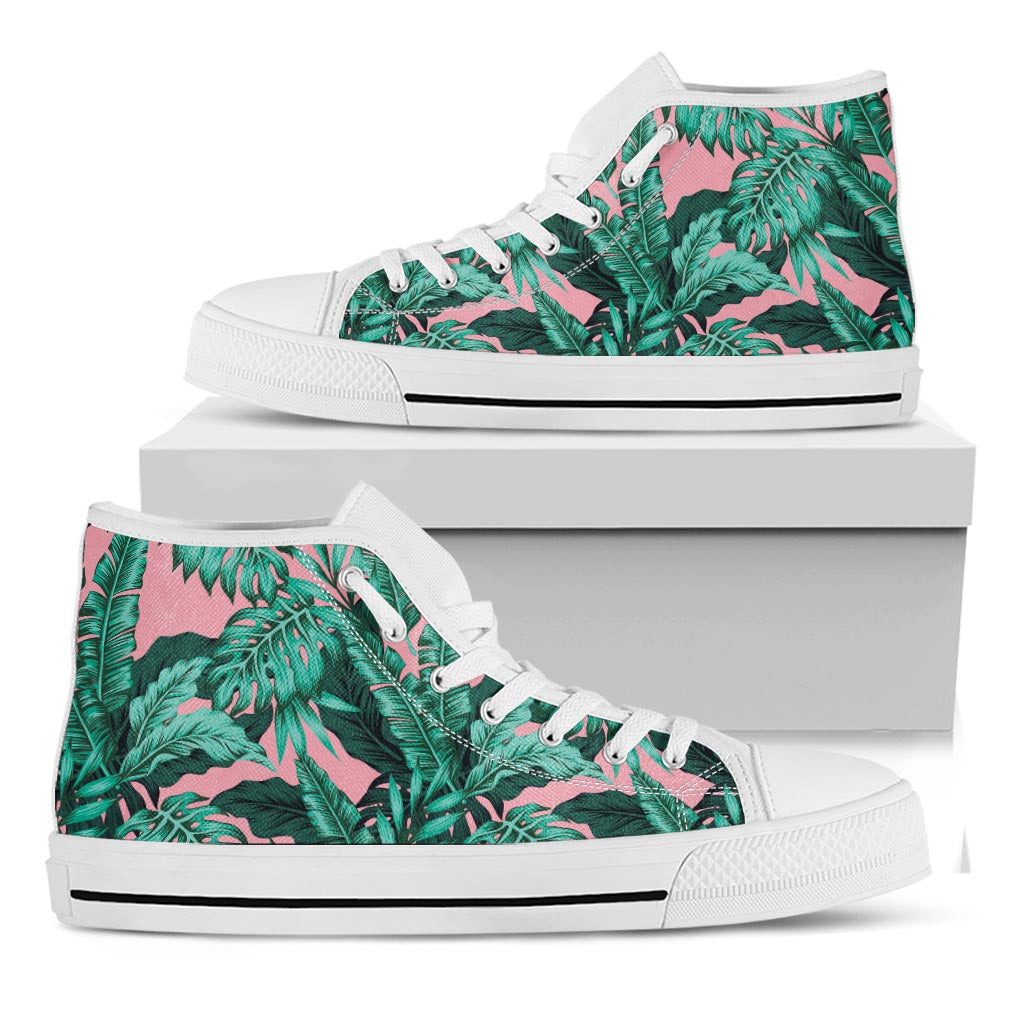 Teal Banana Leaves Pattern Print White High Top Sneakers