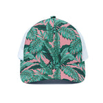 Teal Banana Leaves Pattern Print White Mesh Trucker Cap