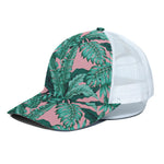 Teal Banana Leaves Pattern Print White Mesh Trucker Cap