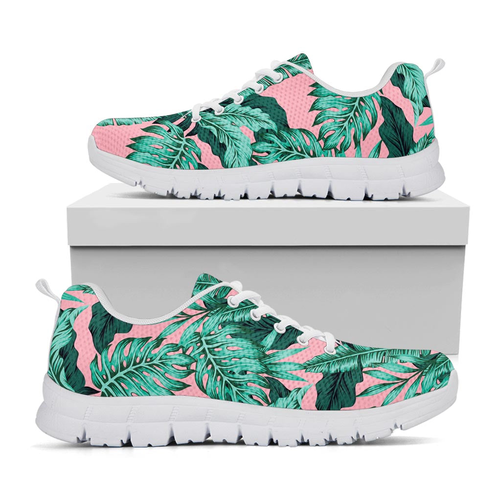 Teal Banana Leaves Pattern Print White Running Shoes