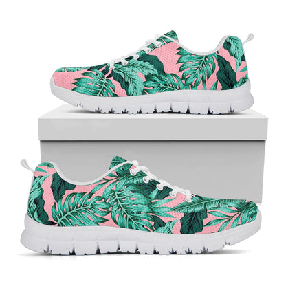 Teal Banana Leaves Pattern Print White Running Shoes