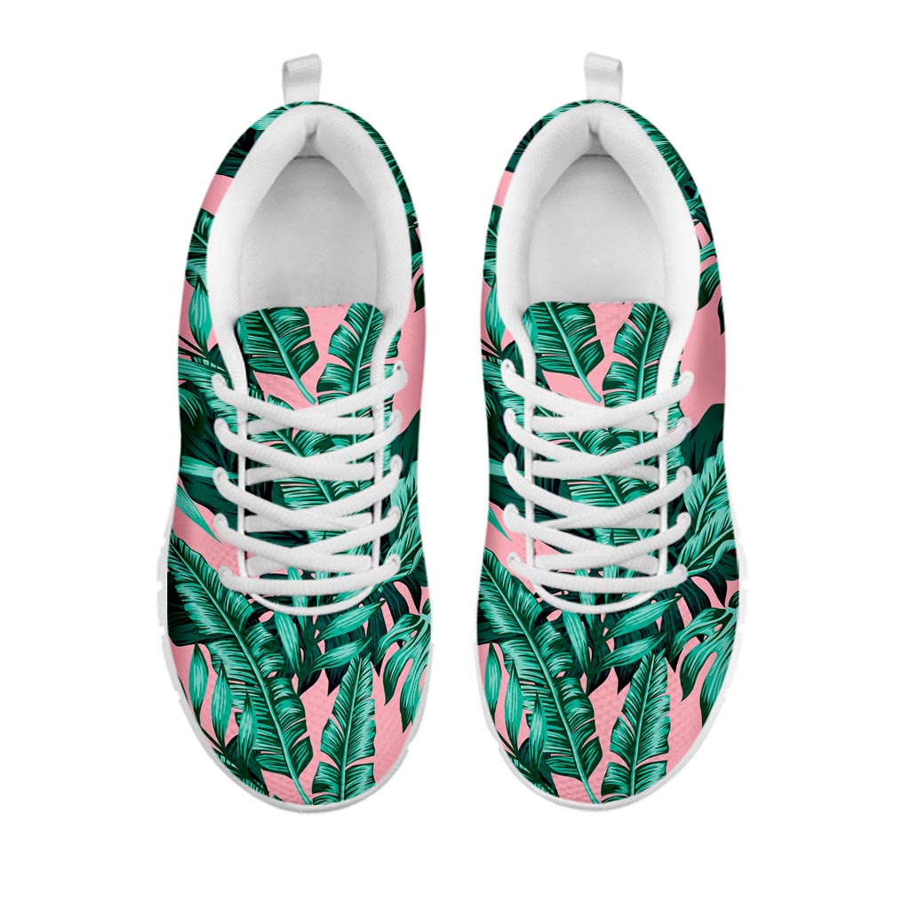 Teal Banana Leaves Pattern Print White Running Shoes