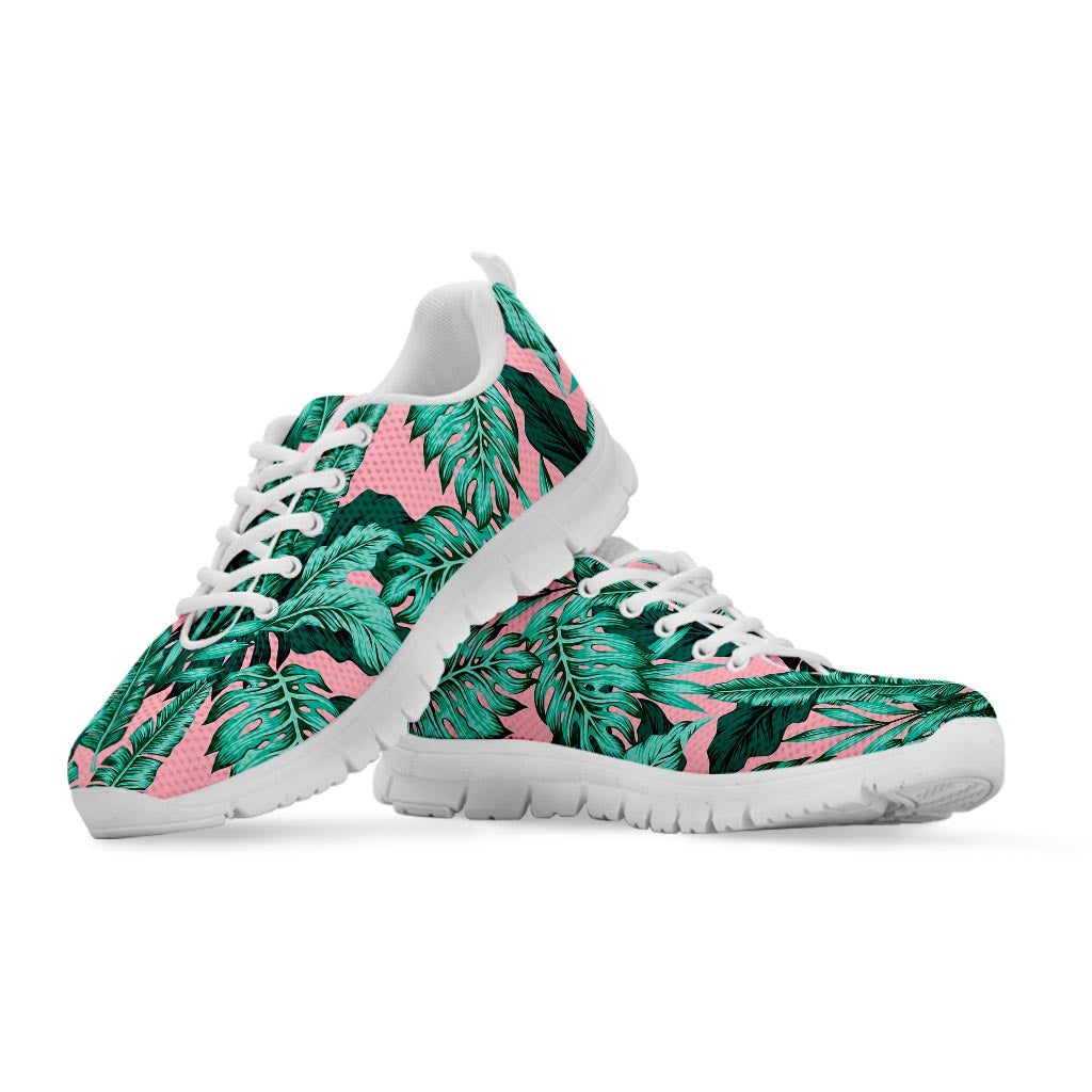 Teal Banana Leaves Pattern Print White Running Shoes