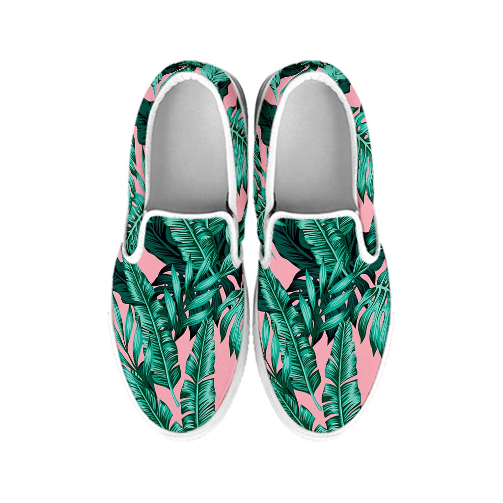 Teal Banana Leaves Pattern Print White Slip On Sneakers