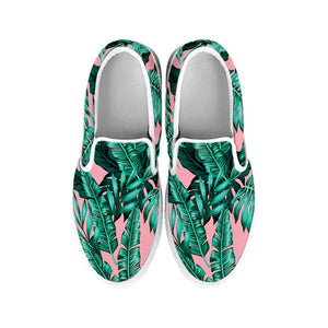 Teal Banana Leaves Pattern Print White Slip On Sneakers