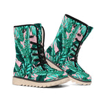 Teal Banana Leaves Pattern Print Winter Boots