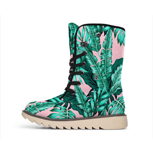 Teal Banana Leaves Pattern Print Winter Boots