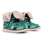 Teal Banana Leaves Pattern Print Winter Boots