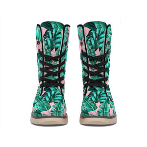 Teal Banana Leaves Pattern Print Winter Boots