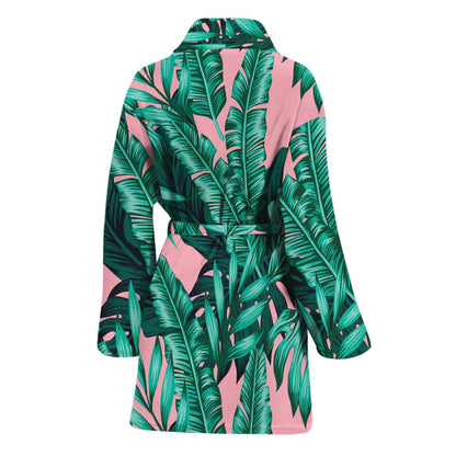 Teal Banana Leaves Pattern Print Women's Bathrobe