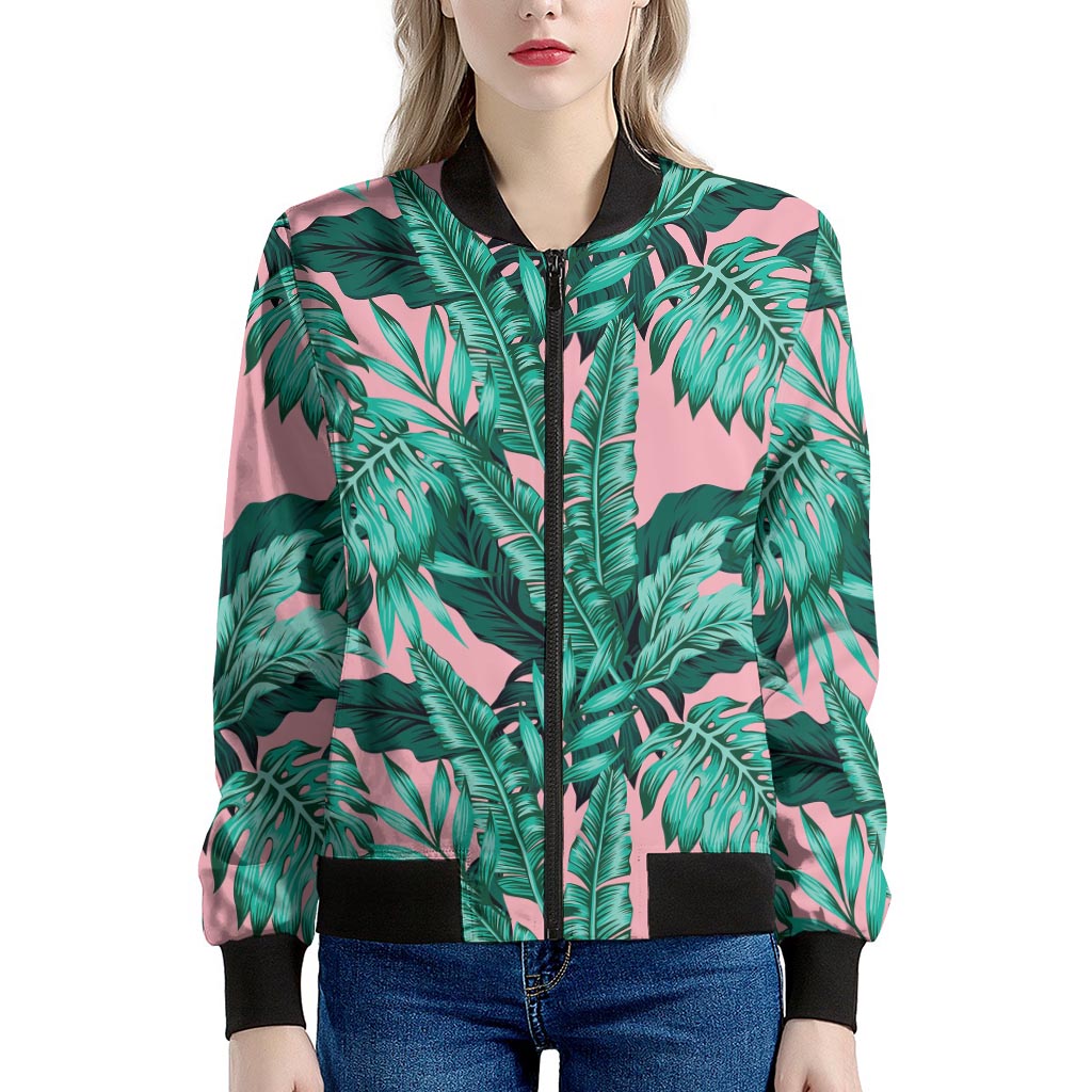 Teal Banana Leaves Pattern Print Women's Bomber Jacket