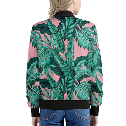 Teal Banana Leaves Pattern Print Women's Bomber Jacket