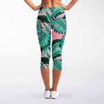 Teal Banana Leaves Pattern Print Women's Capri Leggings