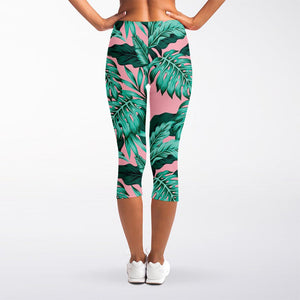 Teal Banana Leaves Pattern Print Women's Capri Leggings