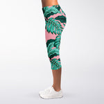 Teal Banana Leaves Pattern Print Women's Capri Leggings