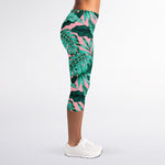 Teal Banana Leaves Pattern Print Women's Capri Leggings