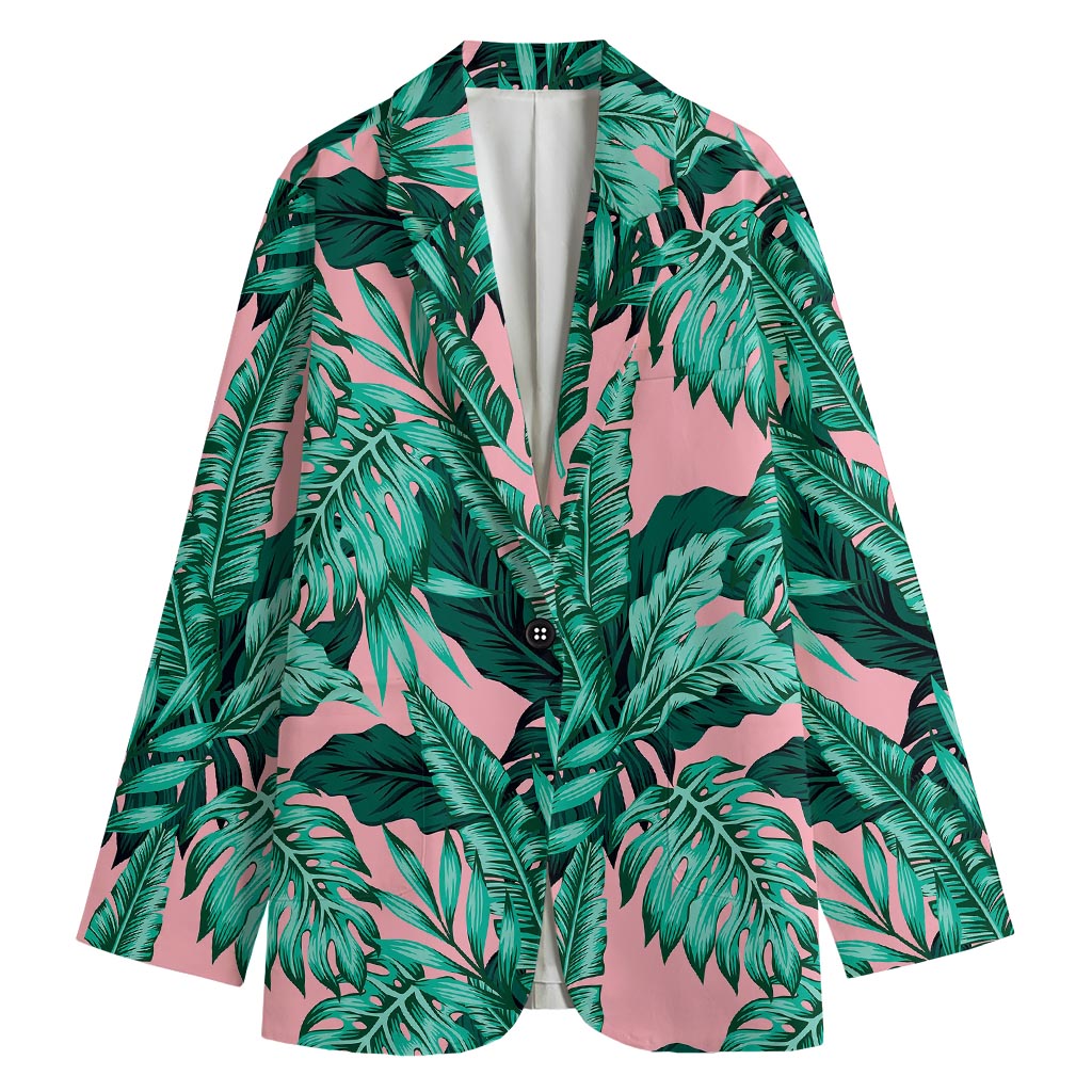 Teal Banana Leaves Pattern Print Women's Cotton Blazer