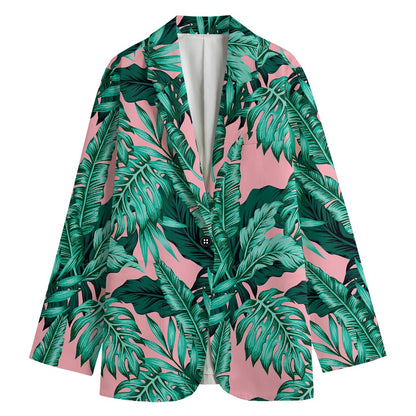 Teal Banana Leaves Pattern Print Women's Cotton Blazer