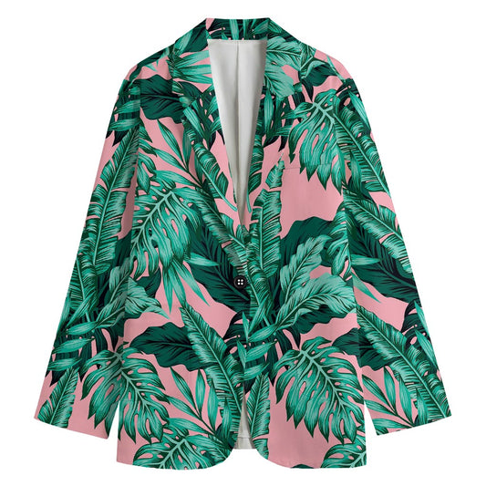 Teal Banana Leaves Pattern Print Women's Cotton Blazer