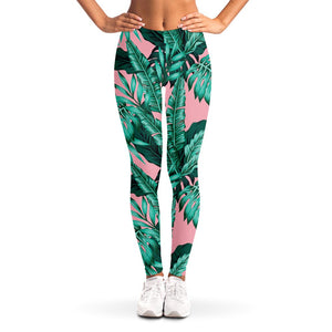 Teal Banana Leaves Pattern Print Women's Leggings