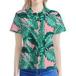 Teal Banana Leaves Pattern Print Women's Polo Shirt
