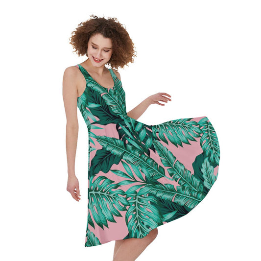 Teal Banana Leaves Pattern Print Women's Sleeveless Dress