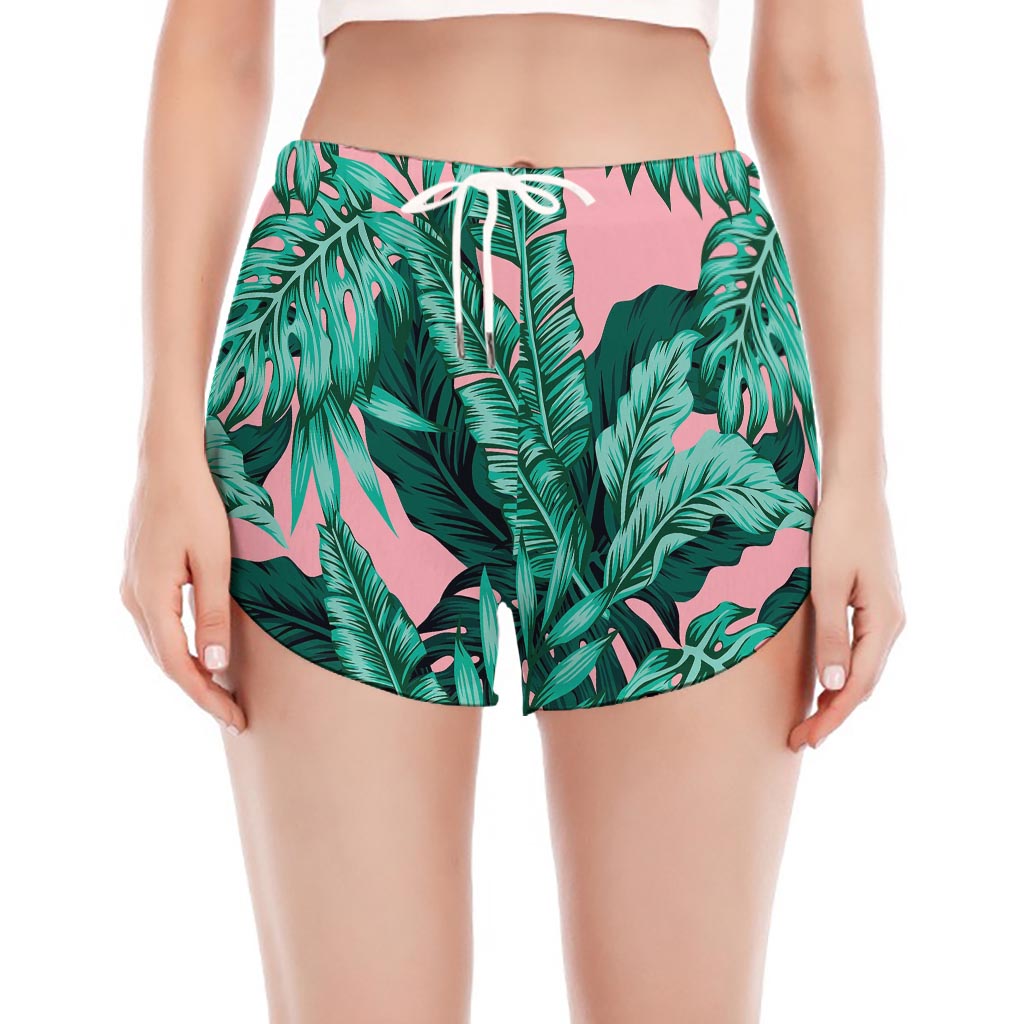 Teal Banana Leaves Pattern Print Women's Split Running Shorts