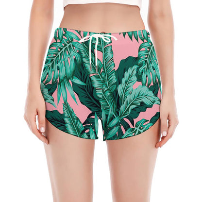 Teal Banana Leaves Pattern Print Women's Split Running Shorts